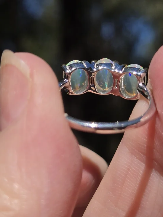 Opal Trio Solitaire Sterling & Gold Ring Sz6.75 - Picture 7 of 7